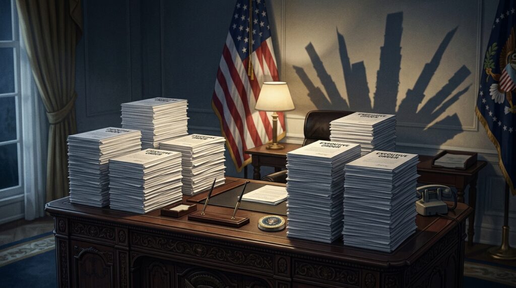 Stack of executive orders on a presidential desk representing expansion of executive authority in the United States.