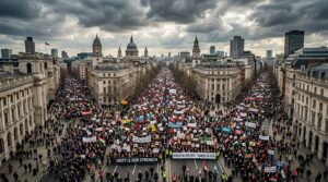 Aerial view of expected massive turnout for March 28 2026. No Kings protests.