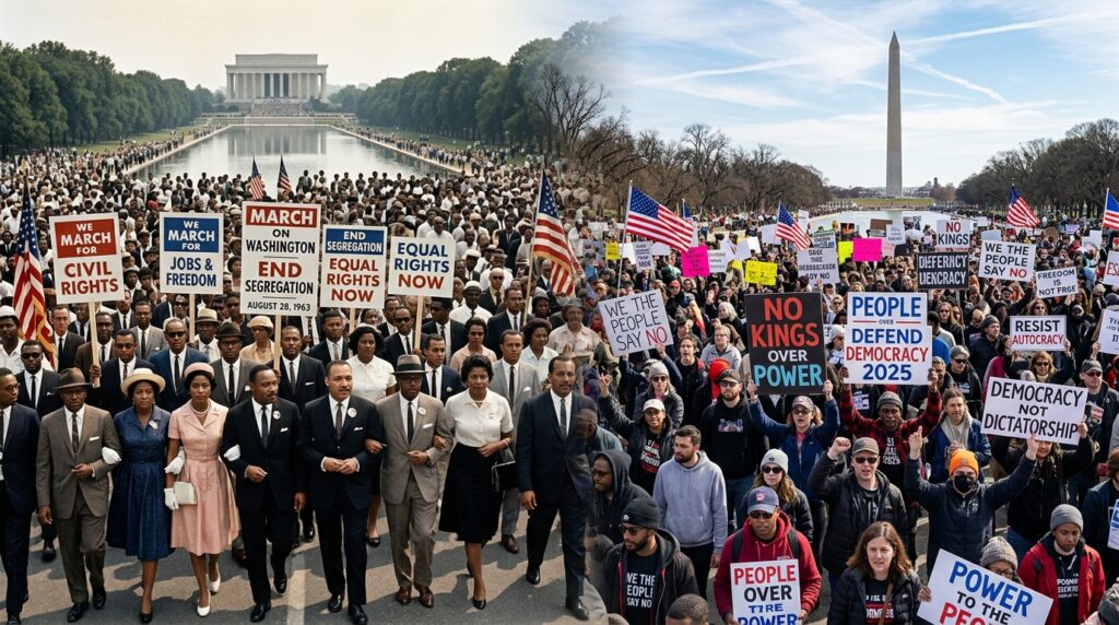 Timeline of U.S. protest history connecting Civil Rights to March 28 2026 No Kings protests.