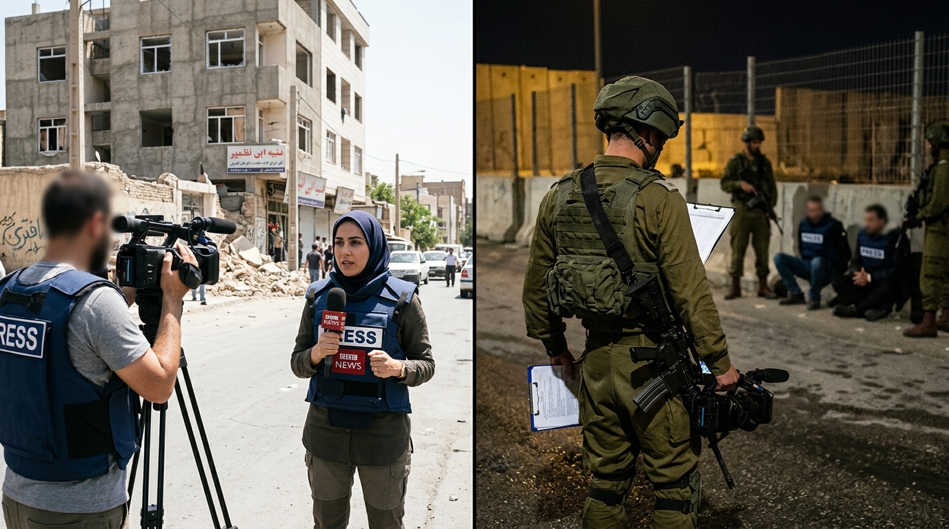 A split-screen comparison of journalistic mobility during wartime: Independent international reporting from Tehran (Iran) contrasting with state-censored media and detained crews in Tel Aviv (Israel).