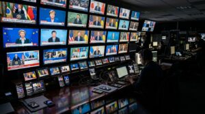 Screens broadcasting political speeches illustrating global media amplification