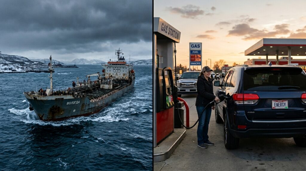 Split screen showing Russian oil tanker at sea and American driver filling gas tank symbolizing lifted sanctions connection