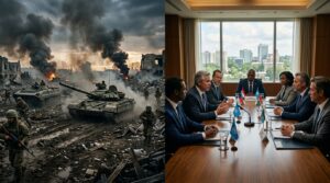 Contrast between active battlefield and diplomatic negotiations