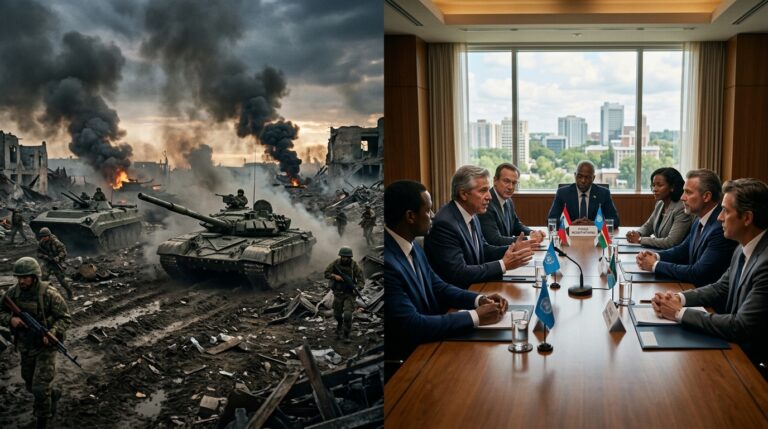 Contrast between active battlefield and diplomatic negotiations