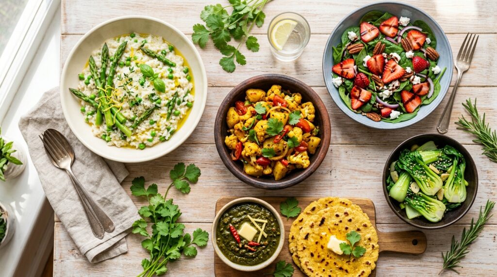 Collage of spring recipes including Italian asparagus risotto, U.S. strawberry spinach salad, Indian aloo gobhi stir-fry, Chinese bok choy greens, and Pakistani saag makai roti, showcasing seasonal dishes from different regions.