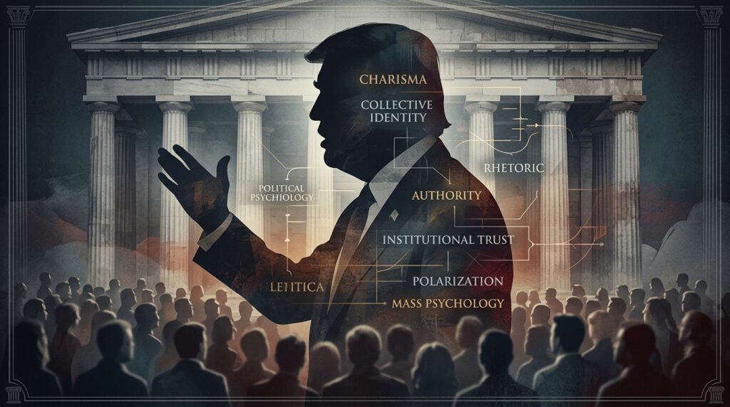 Symbolic illustration of charismatic political leadership interacting with constitutional institutions.