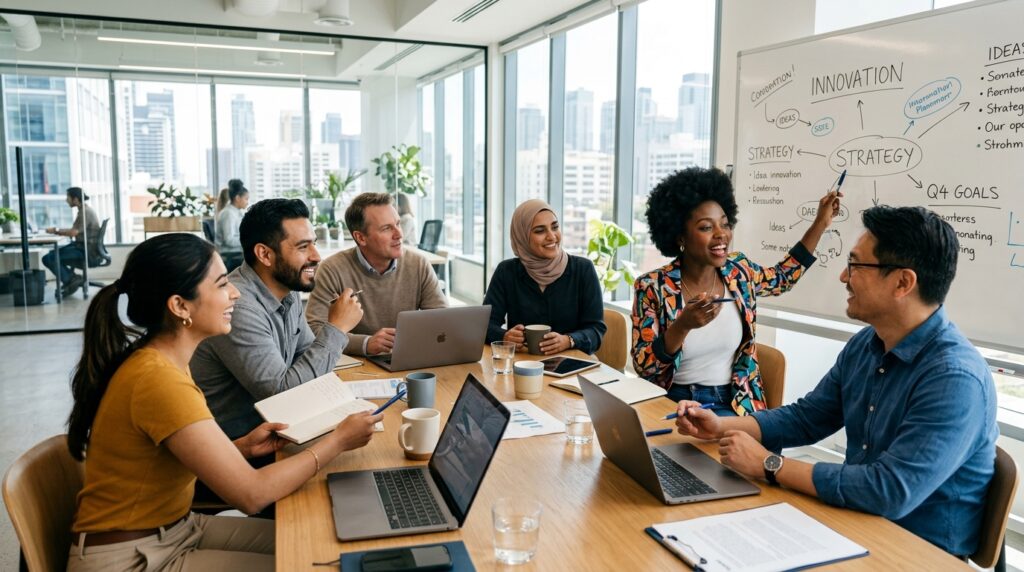 Multicultural team collaborating respectfully in a modern workplace.