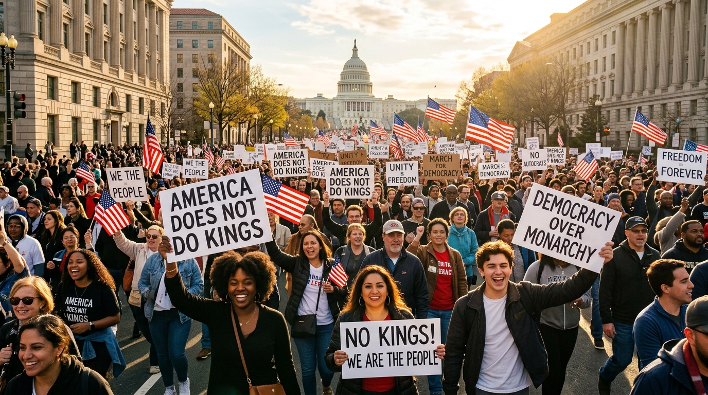 Crowds marching in No Kings protest showing the birth of a national nonviolent movement.