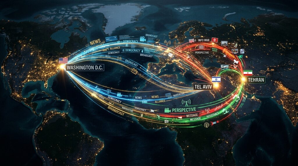 Map showing Washington, Tel Aviv, and Tehran connected through global information networks.