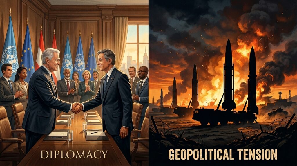 Illustration contrasting diplomacy and military escalation in international conflicts.