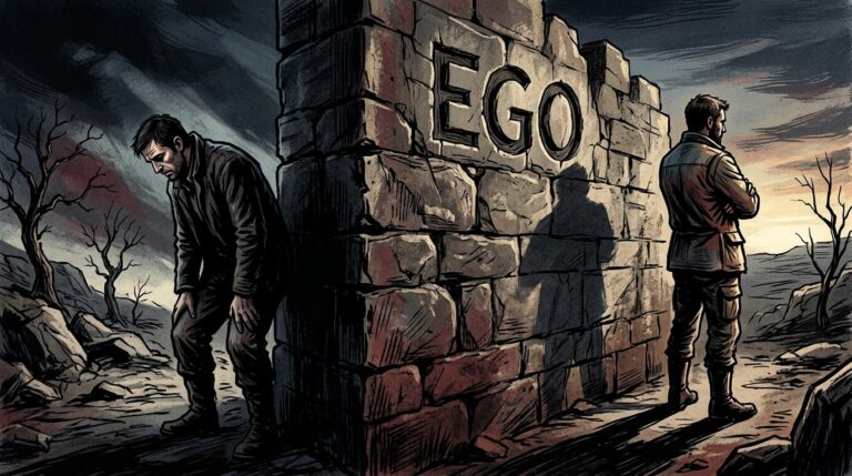 Illustration showing ego acting as a barrier between two people.