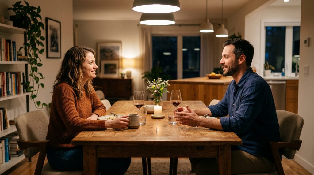 Two people calmly resolving a misunderstanding through conversation