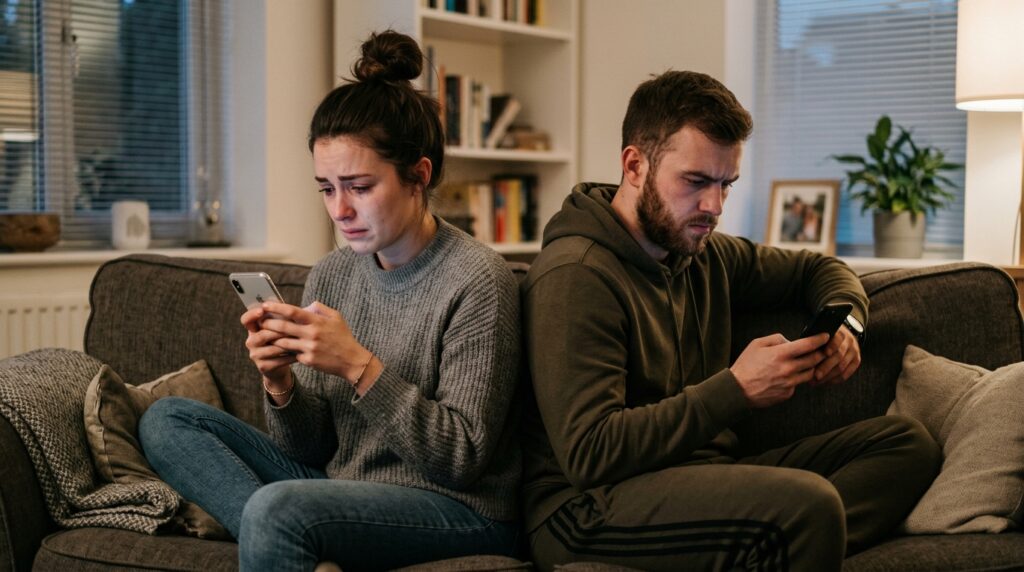 Two people sitting back-to-back using smartphones after a misunderstanding.