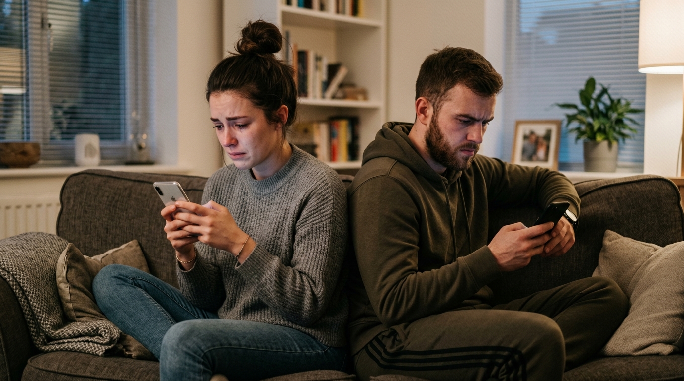 Two people sitting back-to-back using smartphones after a misunderstanding.