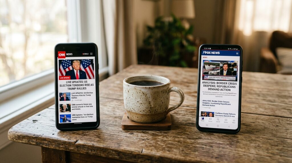 Two smartphones side by side showing CNN and Fox News homepages representing fractured media trust and different information sources