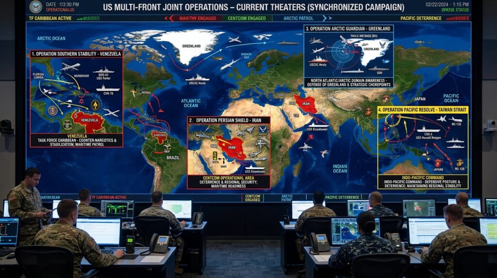 US multi-front strategic presence across Venezuela, Iran, Greenland, and Taiwan in 2026