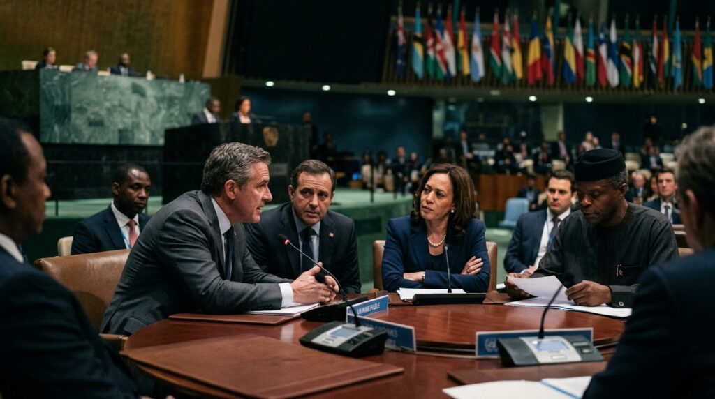 UN assembly showing global leaders in discussion