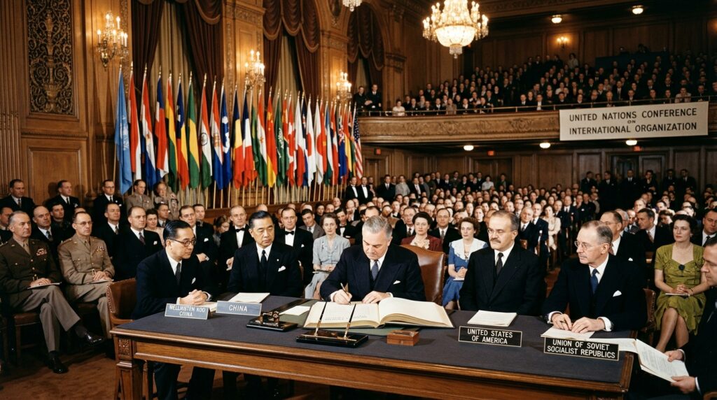 Delegates sign the UN Charter in 1945, establishing the post-war international order
