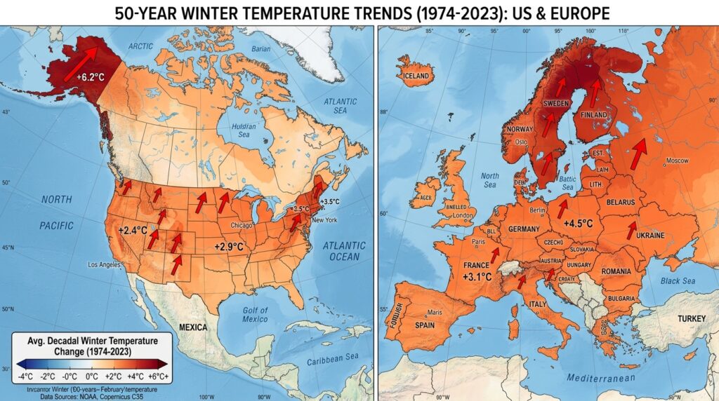 Map showing winter temperature changes in the United States and Europe over the last 50 years, highlighting warming trends and extreme cold events.”