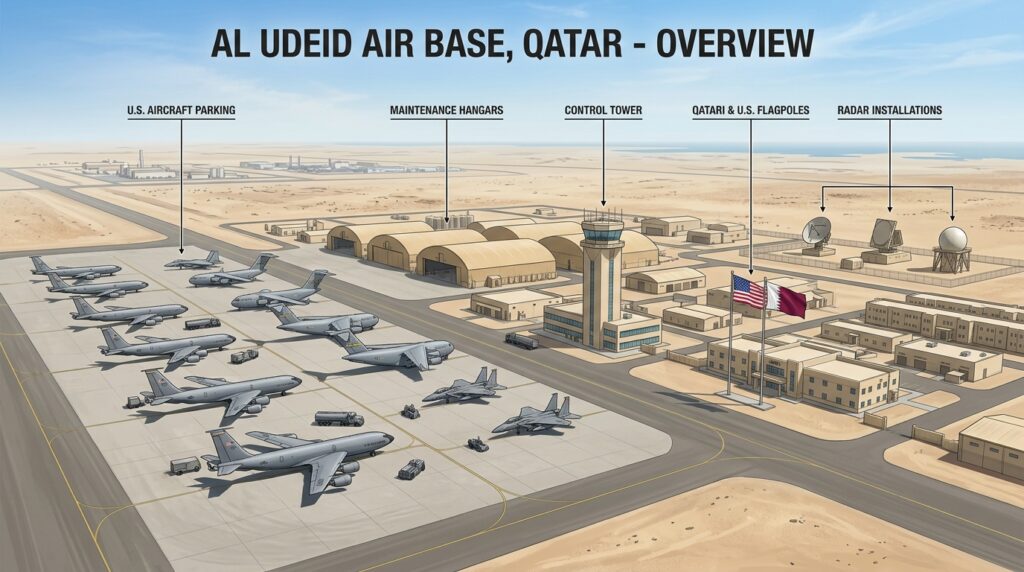 Al Udeid Air Base in Qatar, a major US military hub in the Gulf providing command and support roles during the 2026 Iran conflict