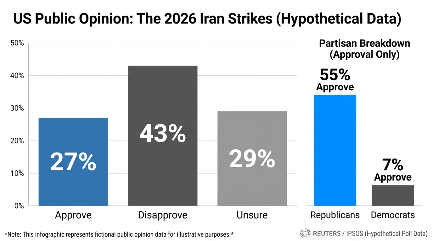 Reuters/Ipsos poll results March 2026: Only 27% of Americans approve of US strikes on Iran, with strong partisan divide"