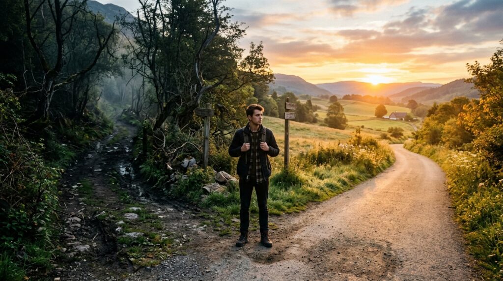 A person choosing between two paths symbolises how small habits shape future success.