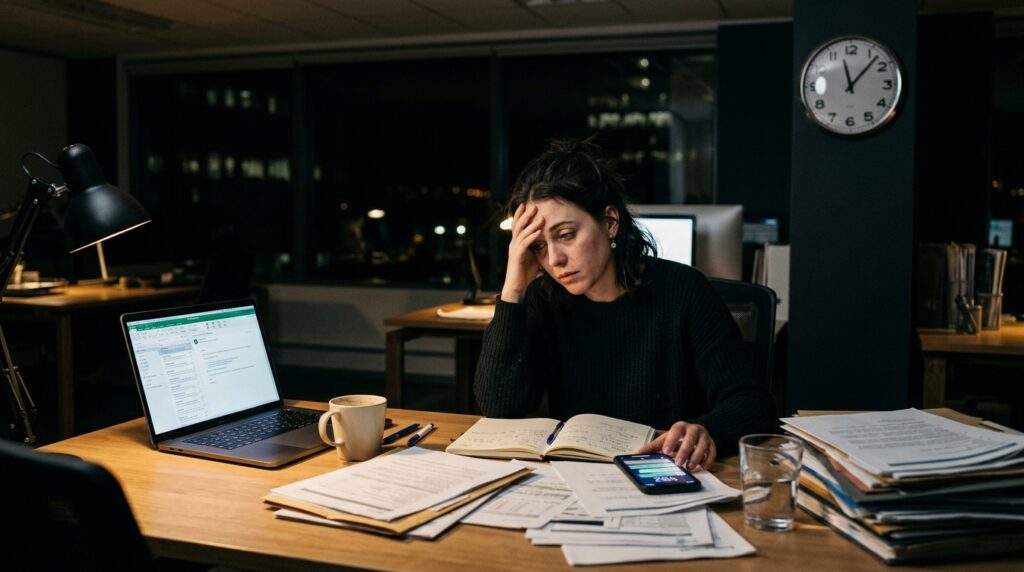 Young professional overwhelmed by work and time pressure representing the consequences of procrastination.
