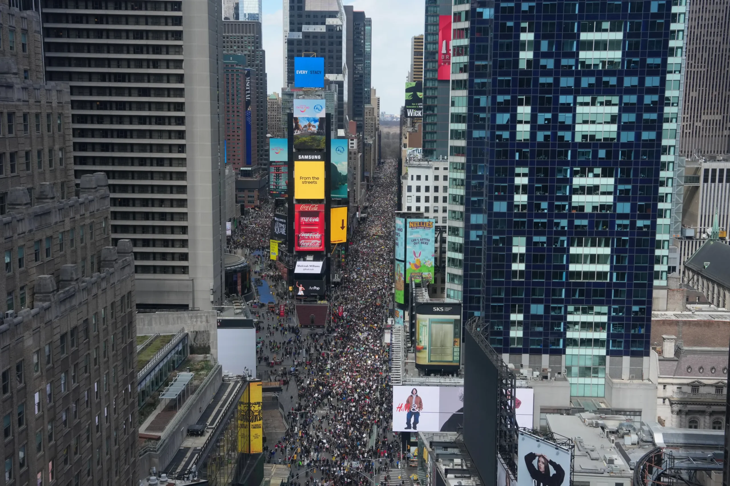 People take part in a “No Kings” protest Saturday, March 28, 2026, in New York.