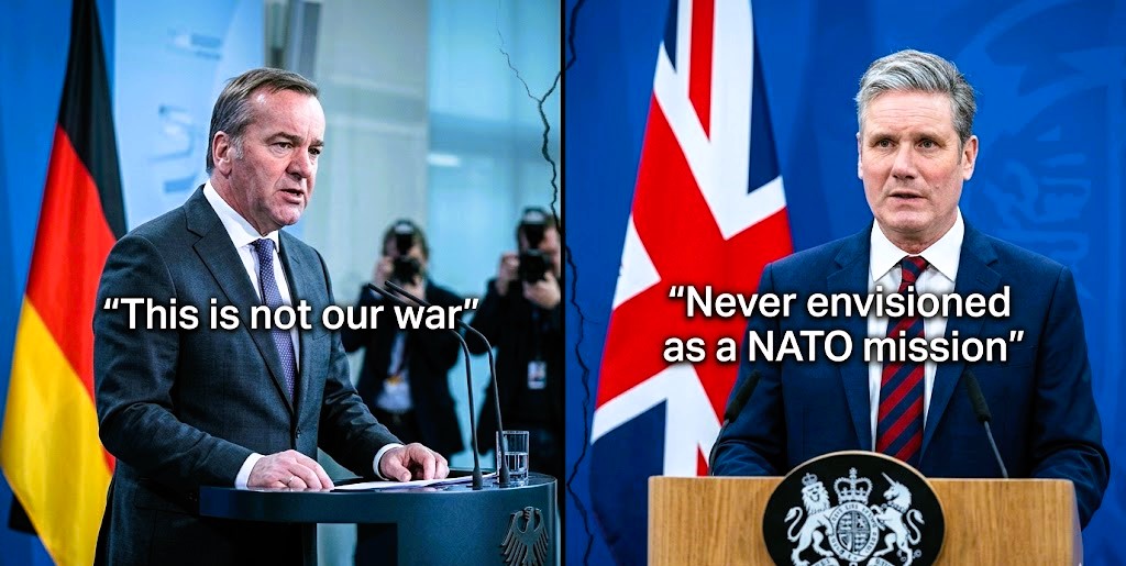 European leaders Boris Pistorius and Keir Starmer firmly stating “This is not our war” and “Not a NATO mission,” highlighting the transatlantic divide over the 2026 Iran conflict.
