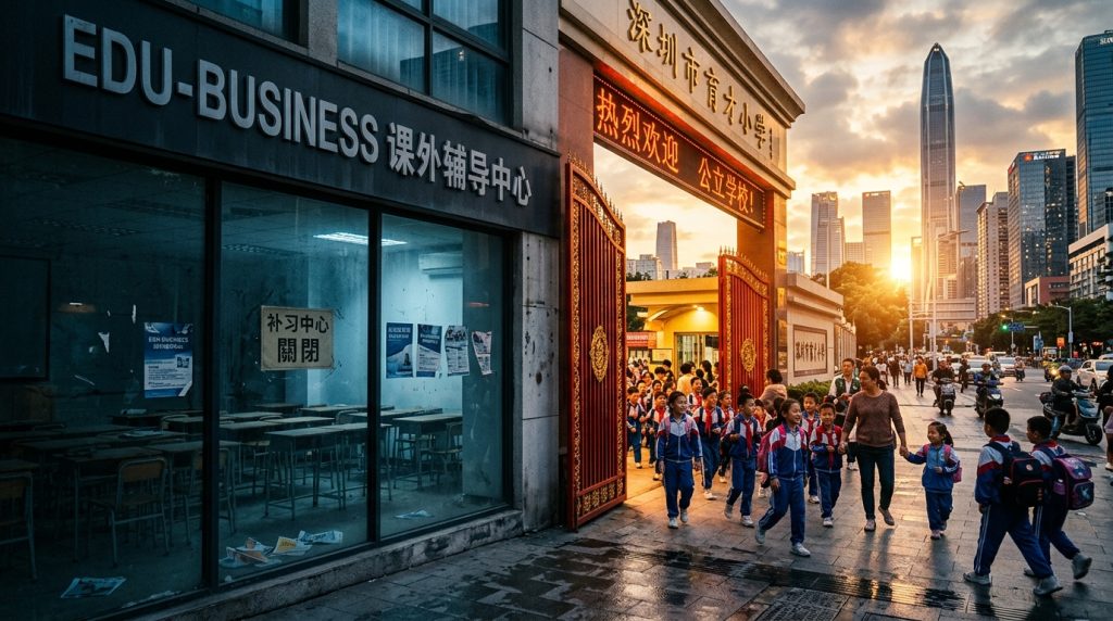 An abandoned private tutoring center in China juxtaposed with a bright, welcoming state-run public school, symbolizing the shift from private "edu-business" to state-directed education.