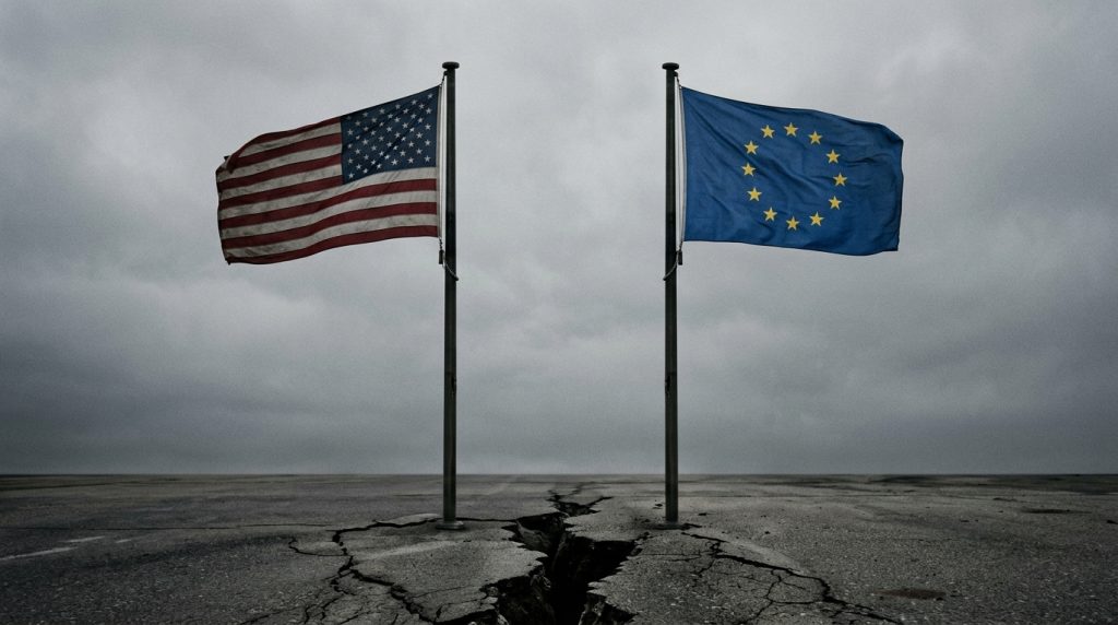 American and European Union flags on separate poles with cracked ground between them, symbolizing the strained transatlantic defense relationship.