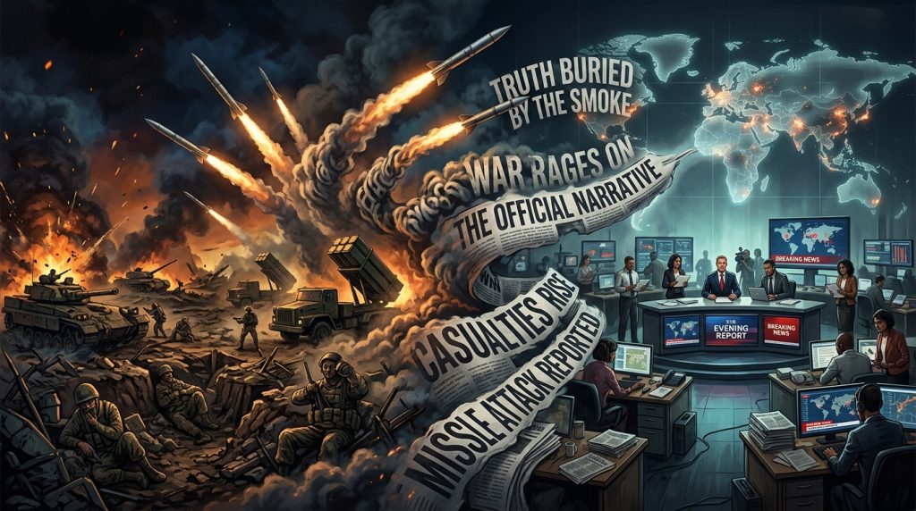 War First Casualty Is Truth:The first casualty is truth concept showing battlefield turning into headlines and smoke covering facts