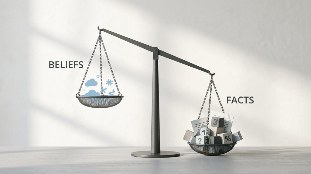 Unbalanced thinking where beliefs outweigh facts due to bias.