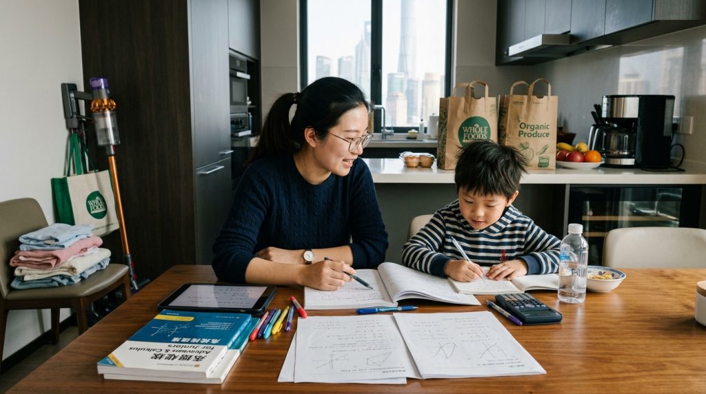 A private tutor acting as a domestic "Math Nanny" in a private home, representing the underground shadow market for education in China.