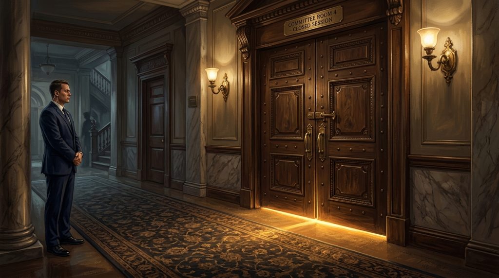 Closed door representing hidden diplomatic negotiations.