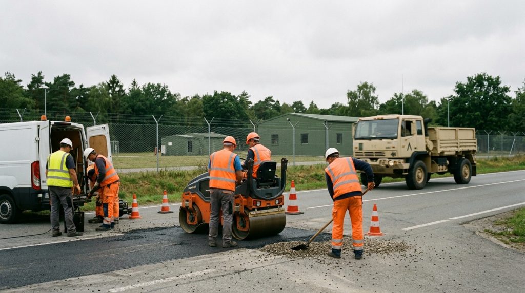 European road construction workers near a US military base, representing host nation infrastructure spending.