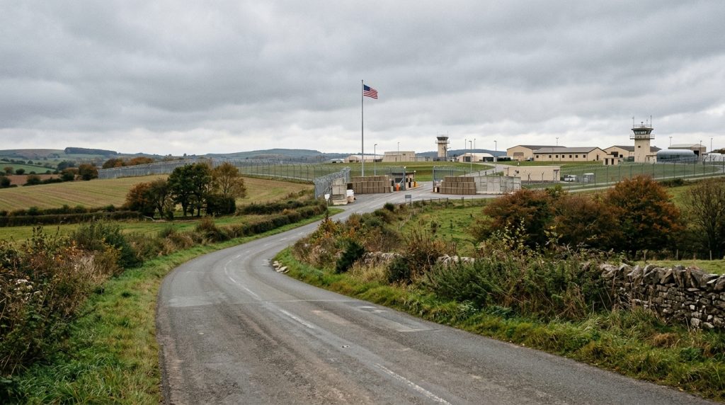The Transatlantic Tug of War.American military base entrance in the European countryside with fences and a watchtower visible in the distance.