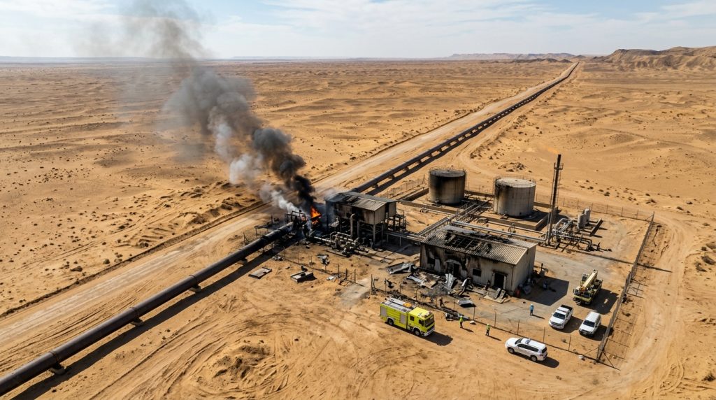 A pumping station on the UAE’s ADCOP oil pipeline showing minor damage from a drone attack during the Iran