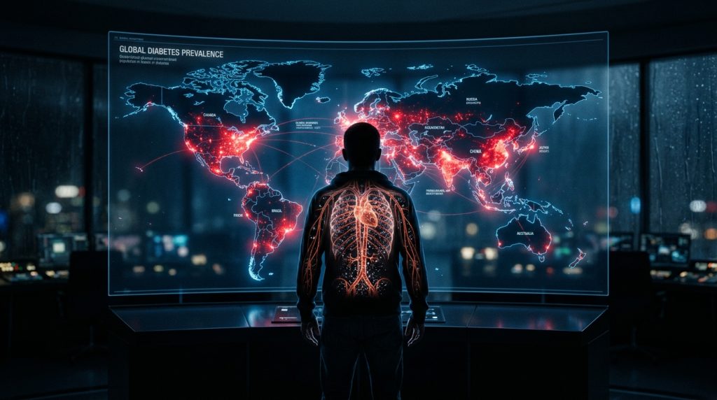 Global diabetes epidemic visualization showing rising cases worldwide