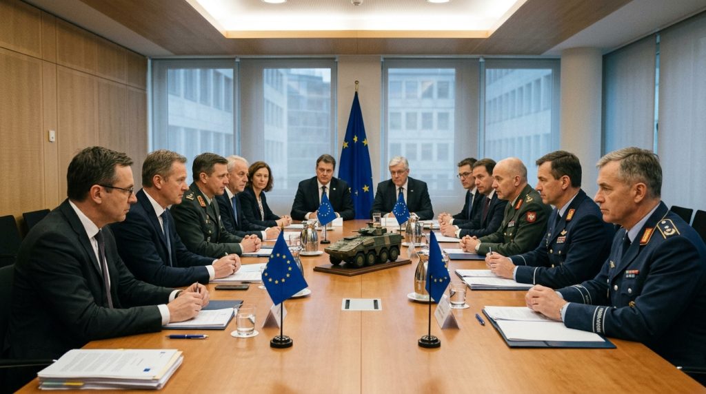 The Transatlantic Tug of War:EU diplomats and military officers meeting around a table discussing European defense alternatives to US bases