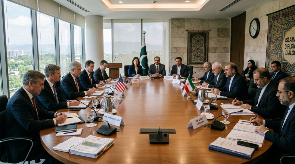 US and Iranian diplomats seated at a negotiation table in Islamabad with Pakistani mediators, discussing terms of the two‑week truce and long‑term nuclear program issues.