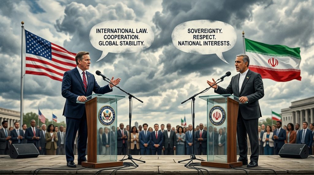 Two diplomats making contradictory statements symbolizing diplomatic messaging conflict.