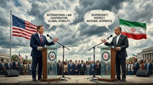 Two diplomats making contradictory statements symbolizing diplomatic messaging conflict.