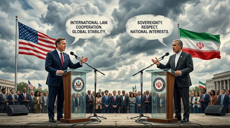 Two diplomats making contradictory statements symbolizing diplomatic messaging conflict.