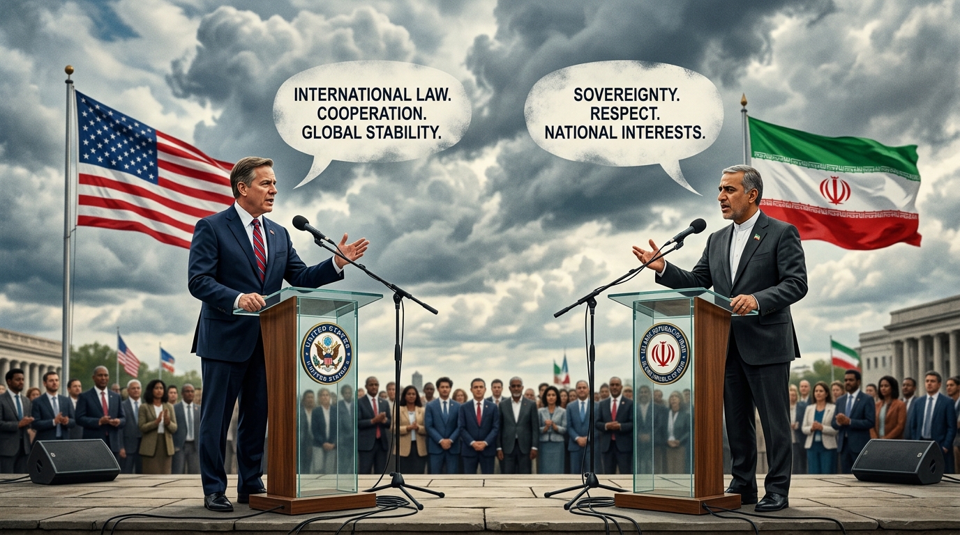 Two diplomats making contradictory statements symbolizing diplomatic messaging conflict.