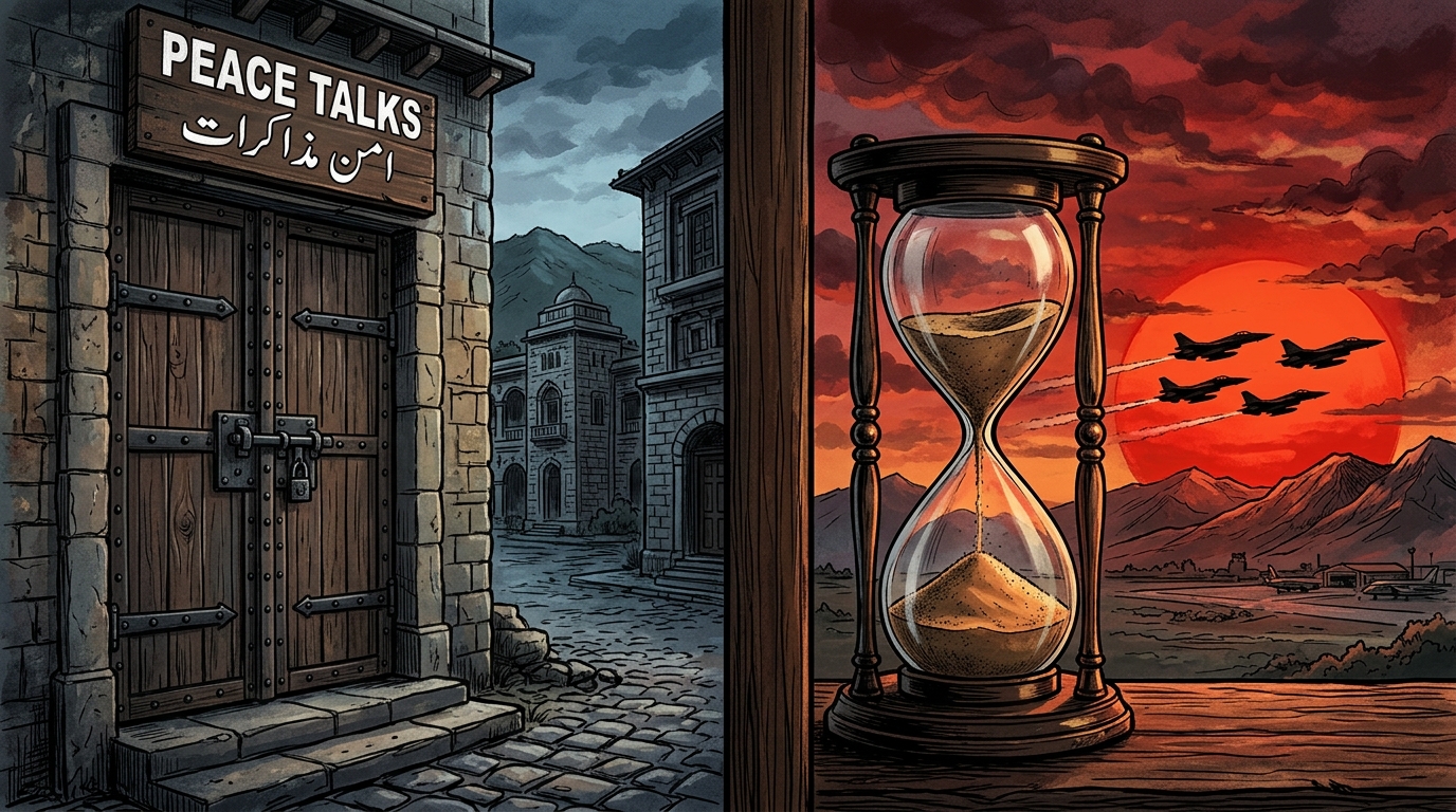 An illustration showing the failure of the Islamabad peace talks and the ticking clock of the ceasefire.