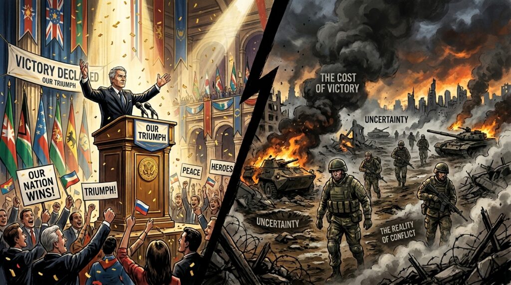 Alt text: Contrast between narrative and reality in modern war