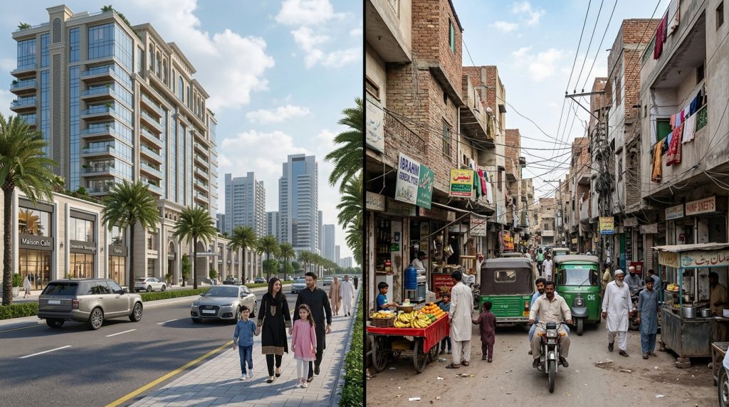 Contrast between wealthy and lower-income living conditions in Pakistan.