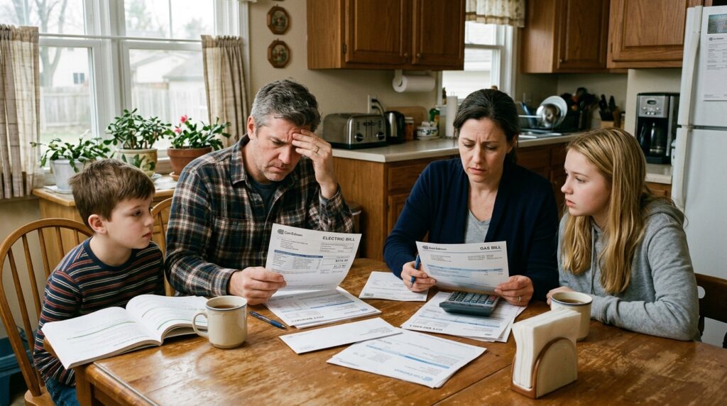 Family reviewing rising energy bills at home due to increasing fuel and electricity costs