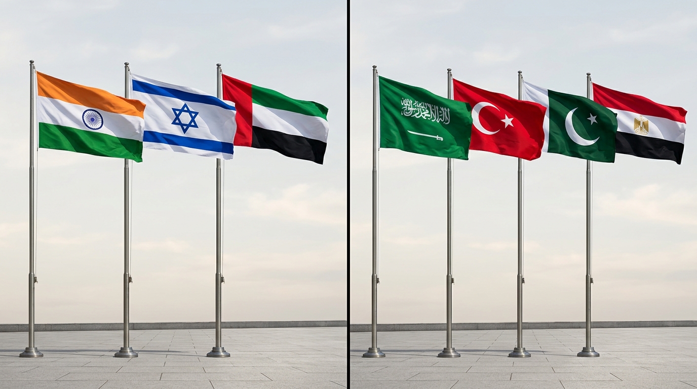 A visual representation of the two emerging power poles in the Middle East: India-Israel-UAE on one side and Saudi-Turkey-Pakistan-Egypt on the other